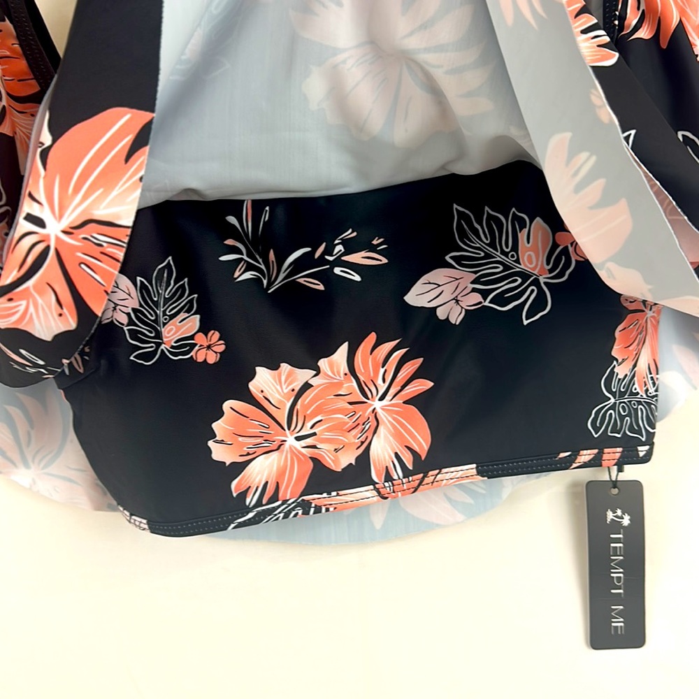 Temp Me - Black & Coral Floral Off the Shoulder Swim Top Removable strap… - Picture 2 of 6